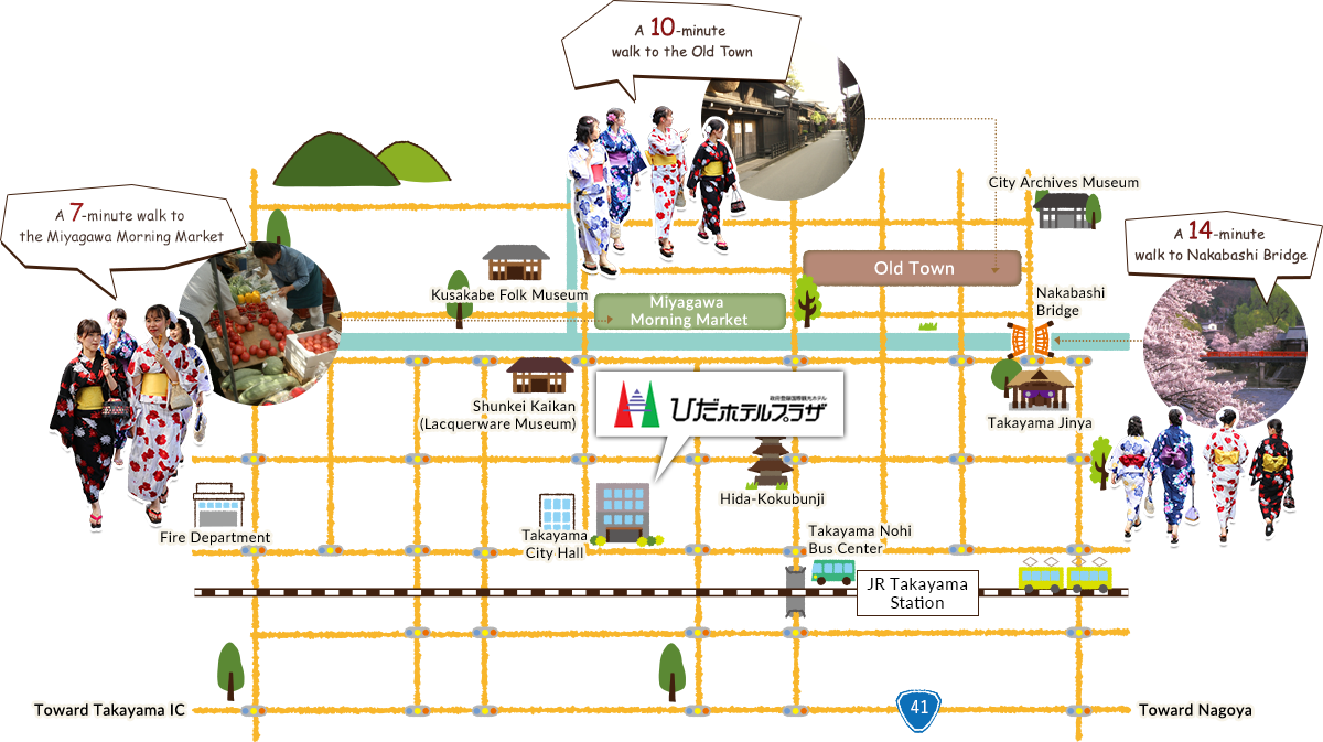 Illustrated map of the area around Hida Hotel Plaza