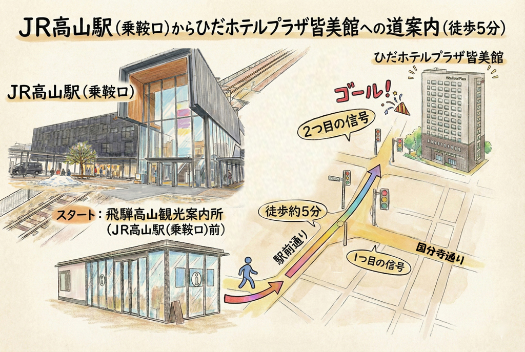 飛騨高山観光案内所からひだホテルプラザ皆美館までの道のり